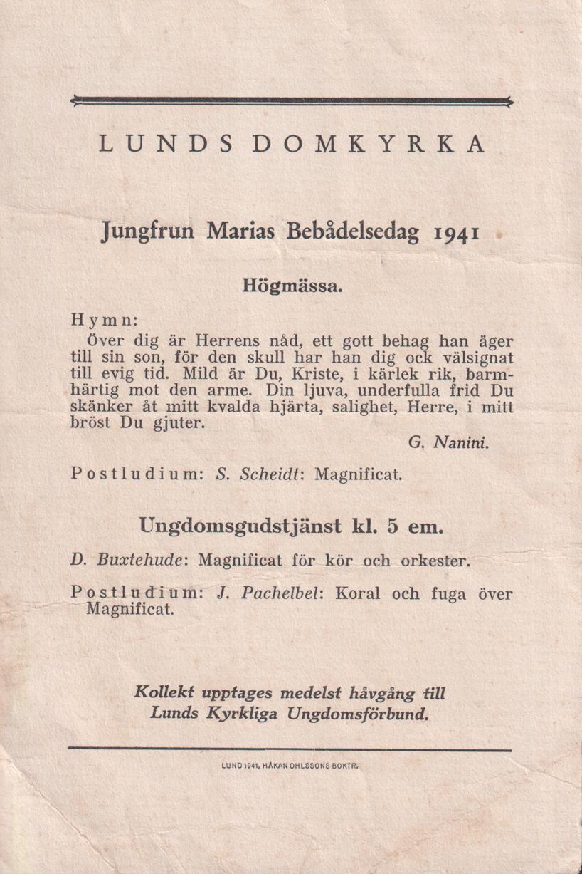 Jungfrun Marias Bebådelsedag 1941 [= rubrik].