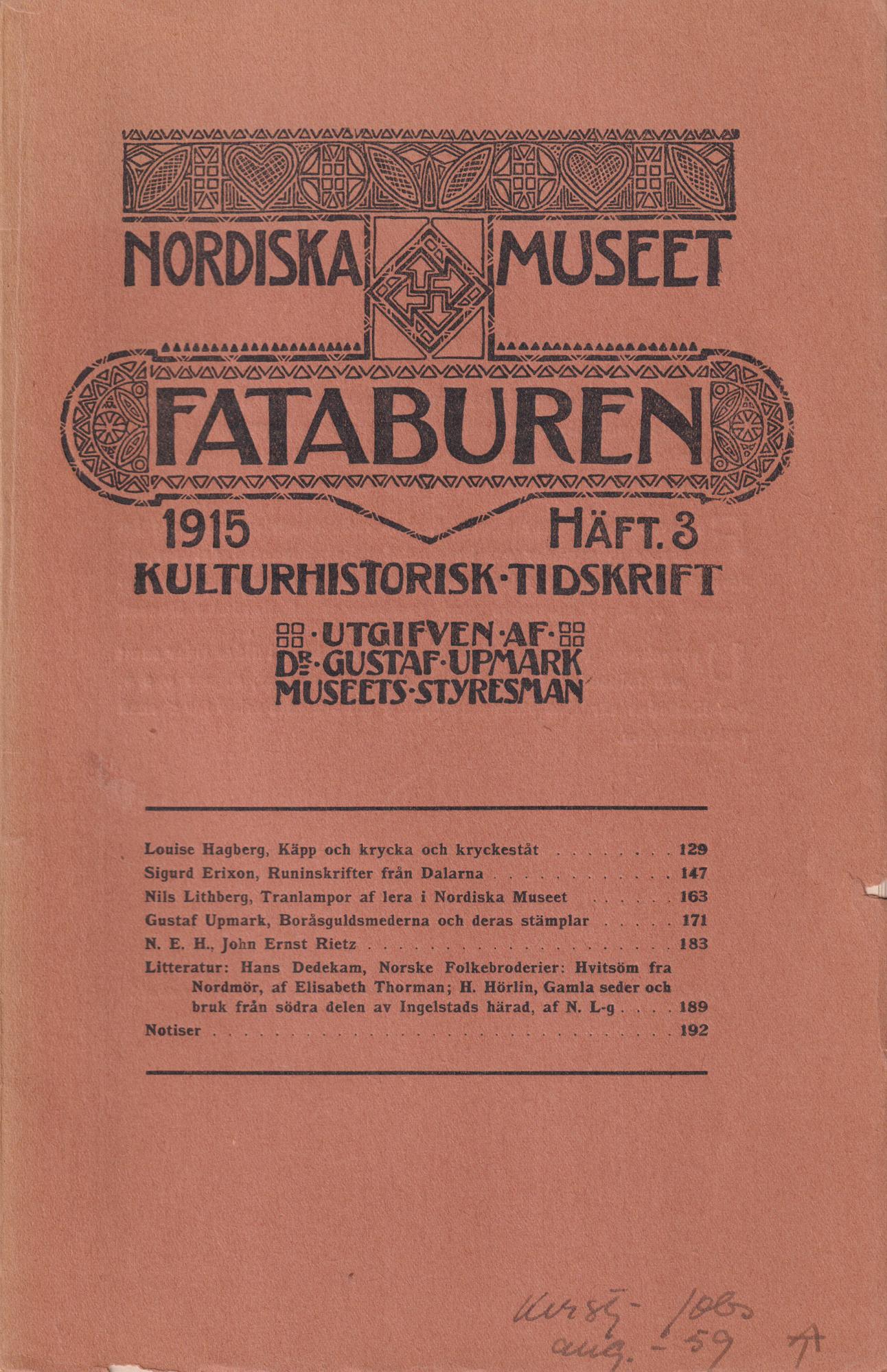 Fataburen. Kulturhistorisk tidskrift. 1915, häfte 3.