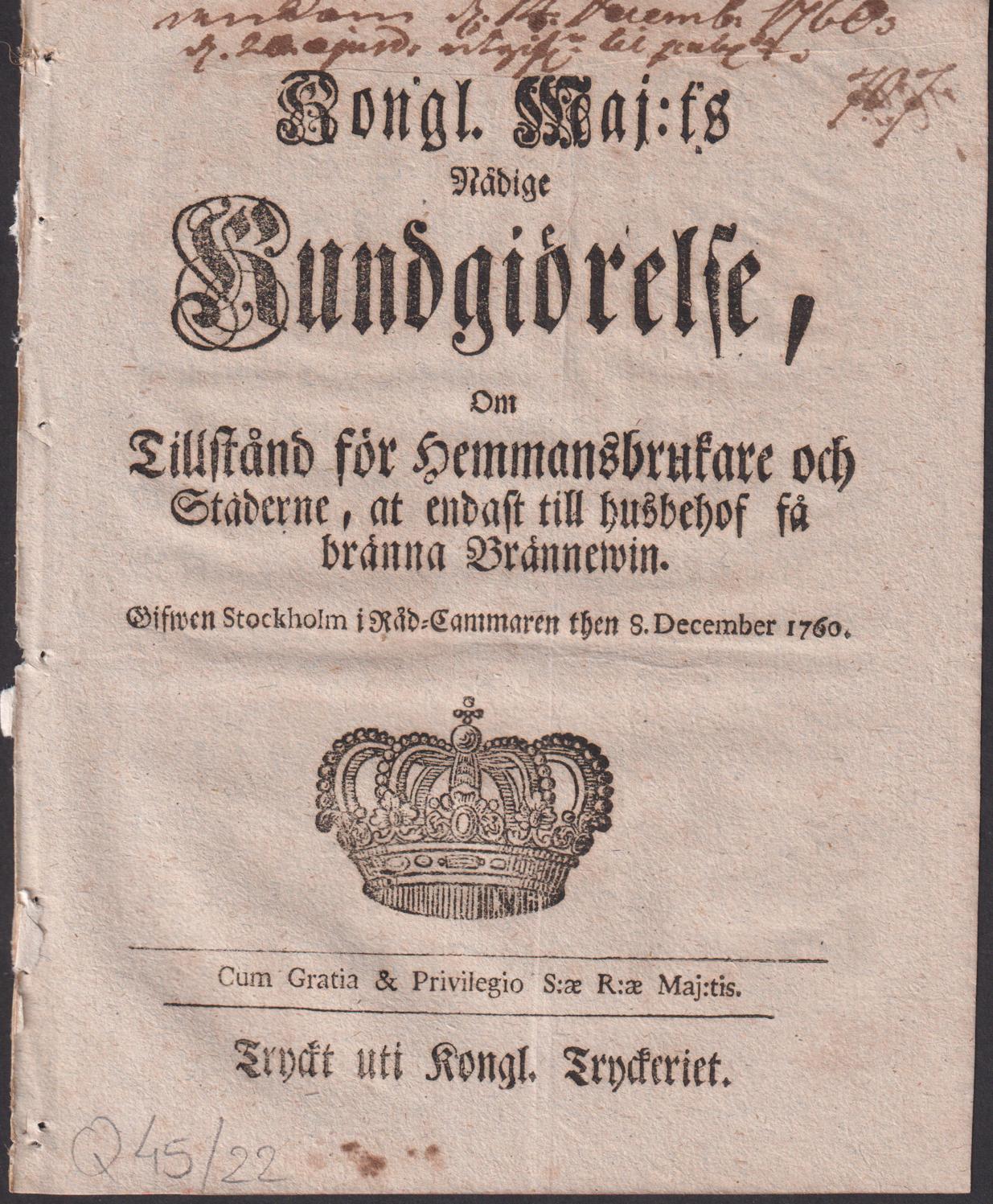 Kongl. Maj:ts Nådige Kundgiörelse, Om Tillstånd för Hemmansbrukare och Städerne, at endast till husbehof få bränna Brännewin. Gifwen Stockholm i Råd-Cammaren then 8. December 1760.