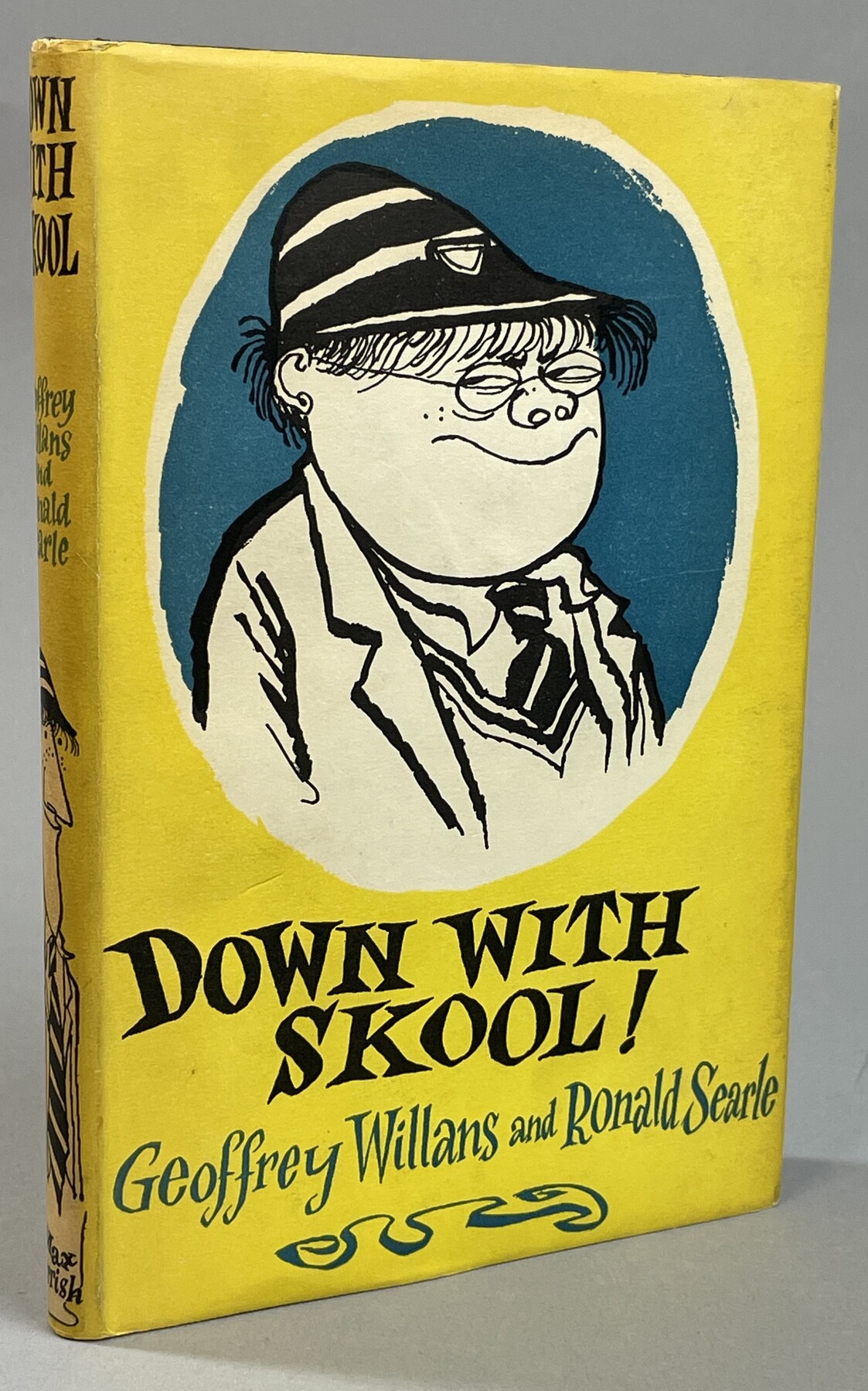 Down with Skool! A guide to school life tiny pupils and their parents. Written by Geoffrey Willians. Illustrated by Ronald Searle. Contanes: Full lowdown on skools, swots, snekes, cads, prigs bulies headmasters criket foopball, dirty roters funks, parents, masters wizard wheezes, weeds aple pie beds and various other chizzes - in fact the LOT. [Molesworth (of ‘Punch’) presents his masterpiece].