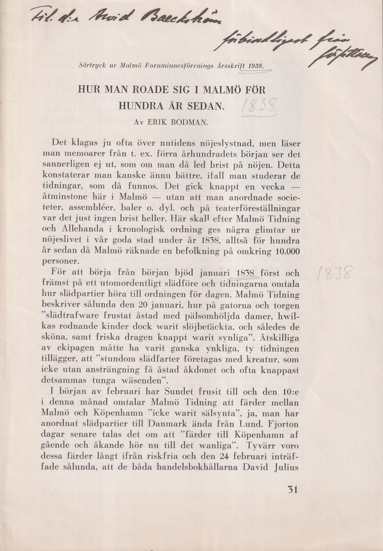 Hur man roade sig i Malmö för hundra år sedan [= rubrik].