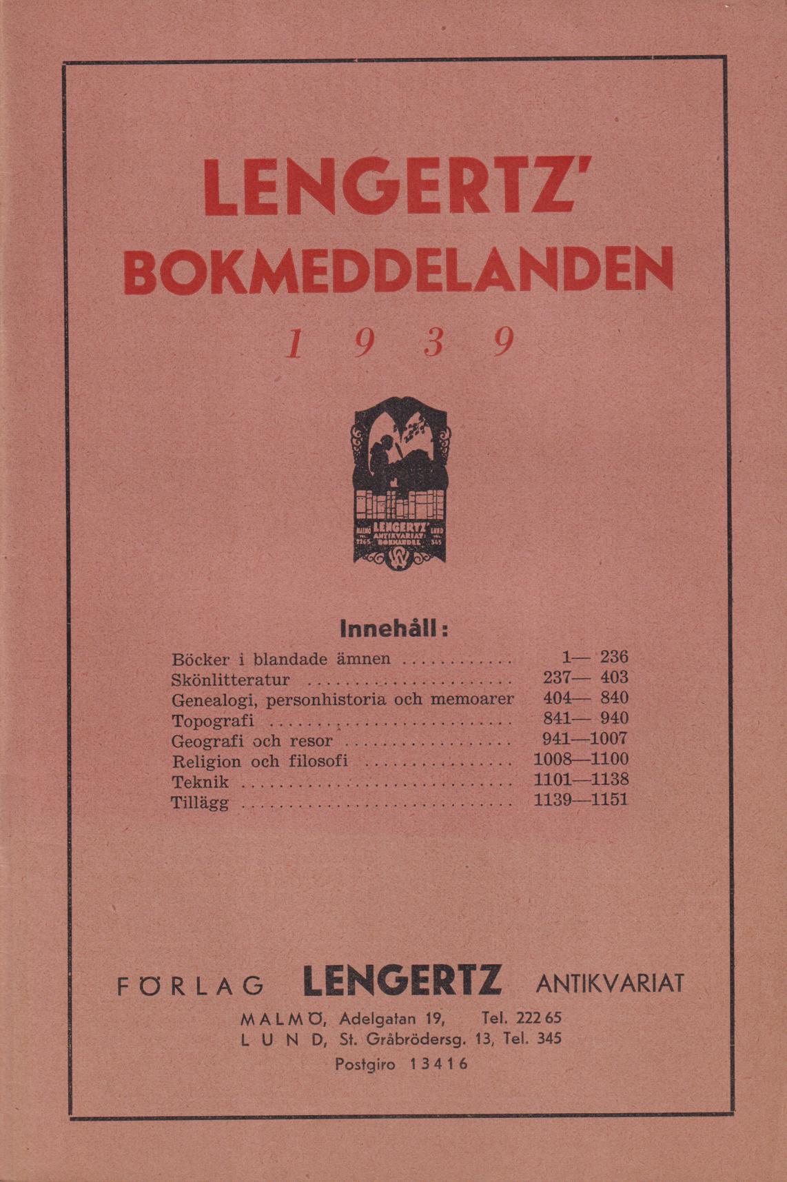 Lengertz' bokmeddelanden 1939. [Utg. av] Förlag Lengertz Antikvariat.