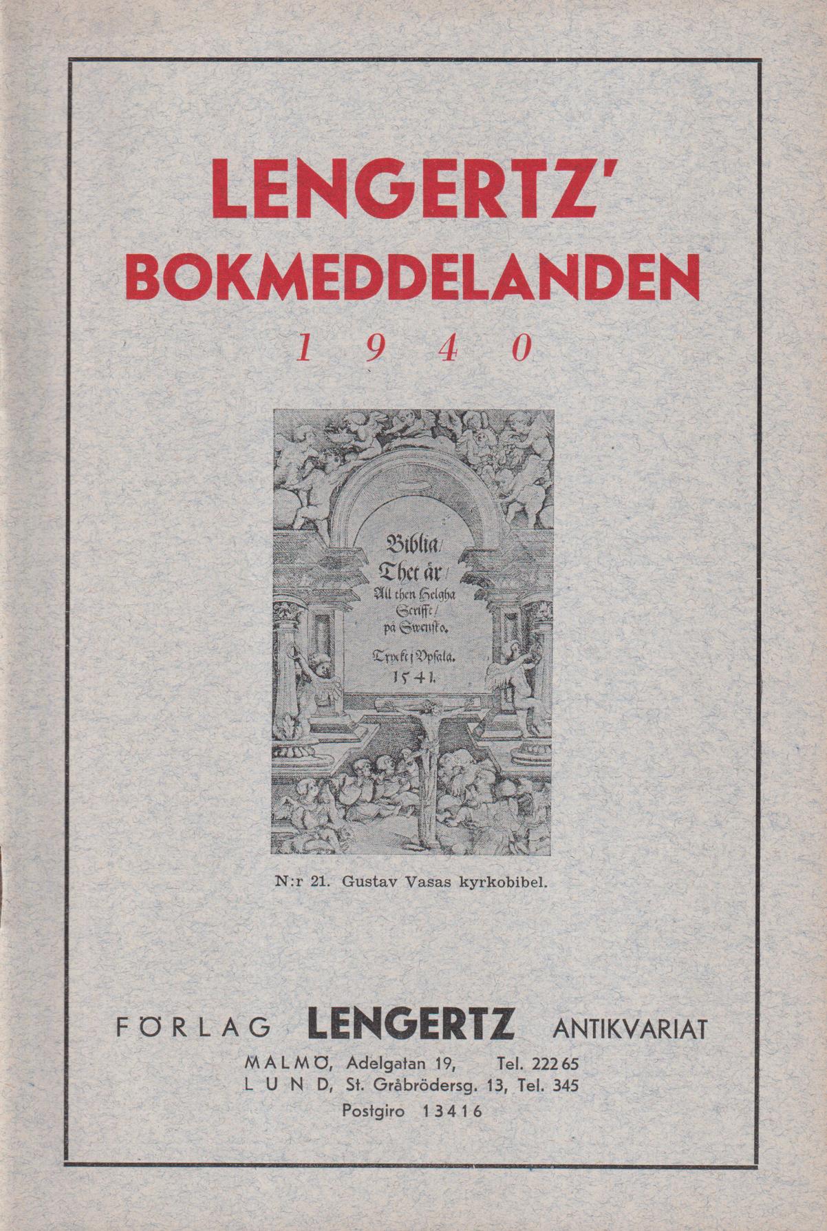 Lengertz' bokmeddelanden 1940. [Utg. av] Förlag Lengertz Antikvariat.
