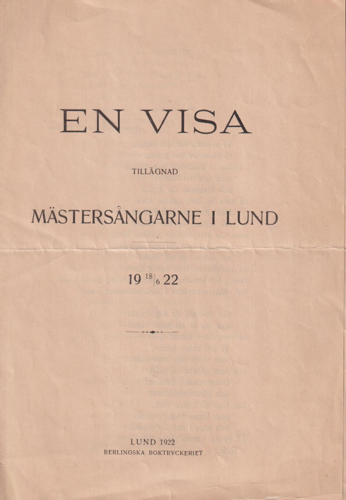 En visa tillägnad Mästersångarne i Lund 18/6 1922.