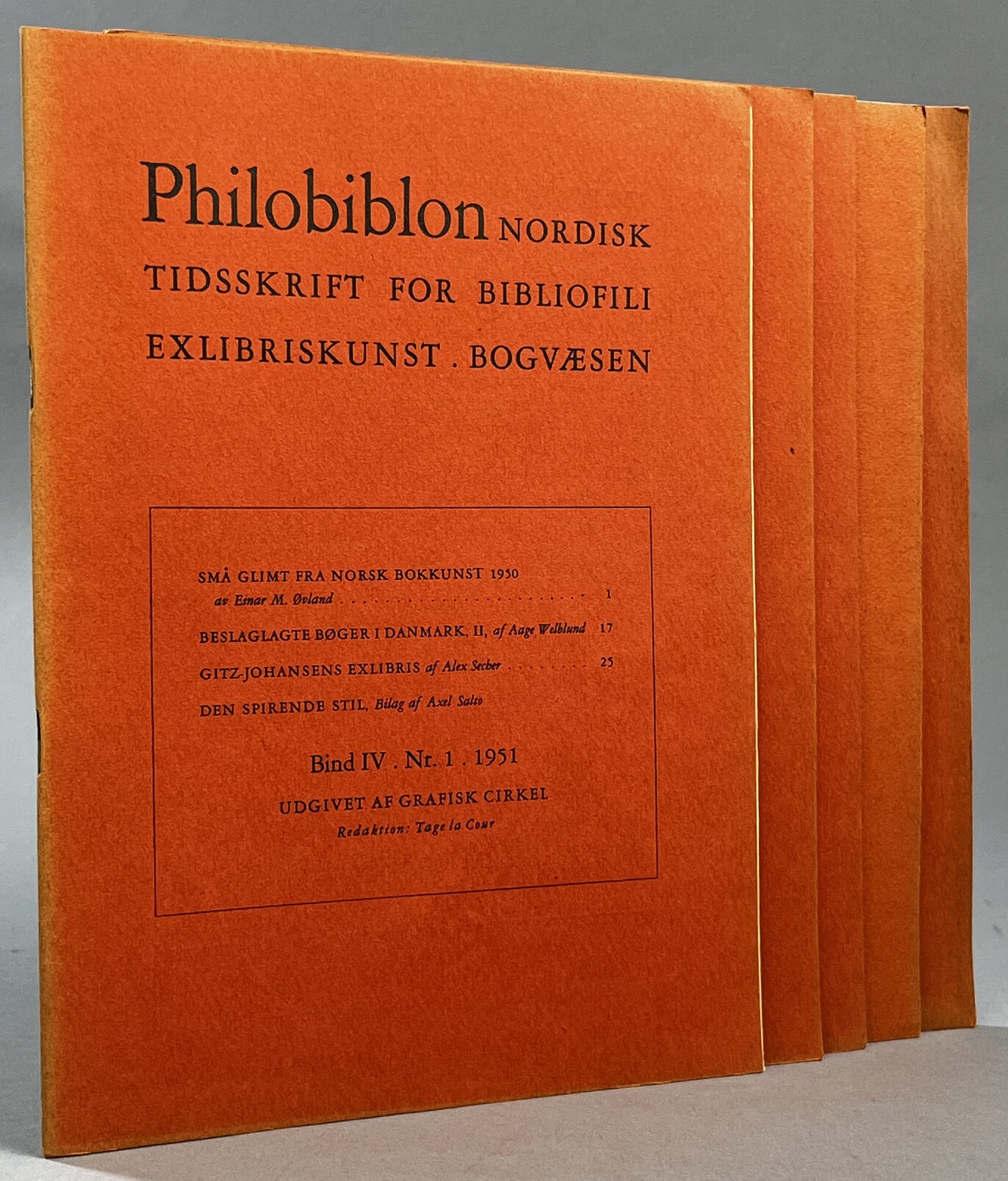Philobiblon. Nordisk tidsskrift for bibliofili, exlibriskunst. Bokvæsen. Bind IV. Nr 1, 1951 - Nr 6, 1952. Udgivet af Grafisk Cirkel [Nr 1] & Selskabet Bogvennerne [Nr 2-6].