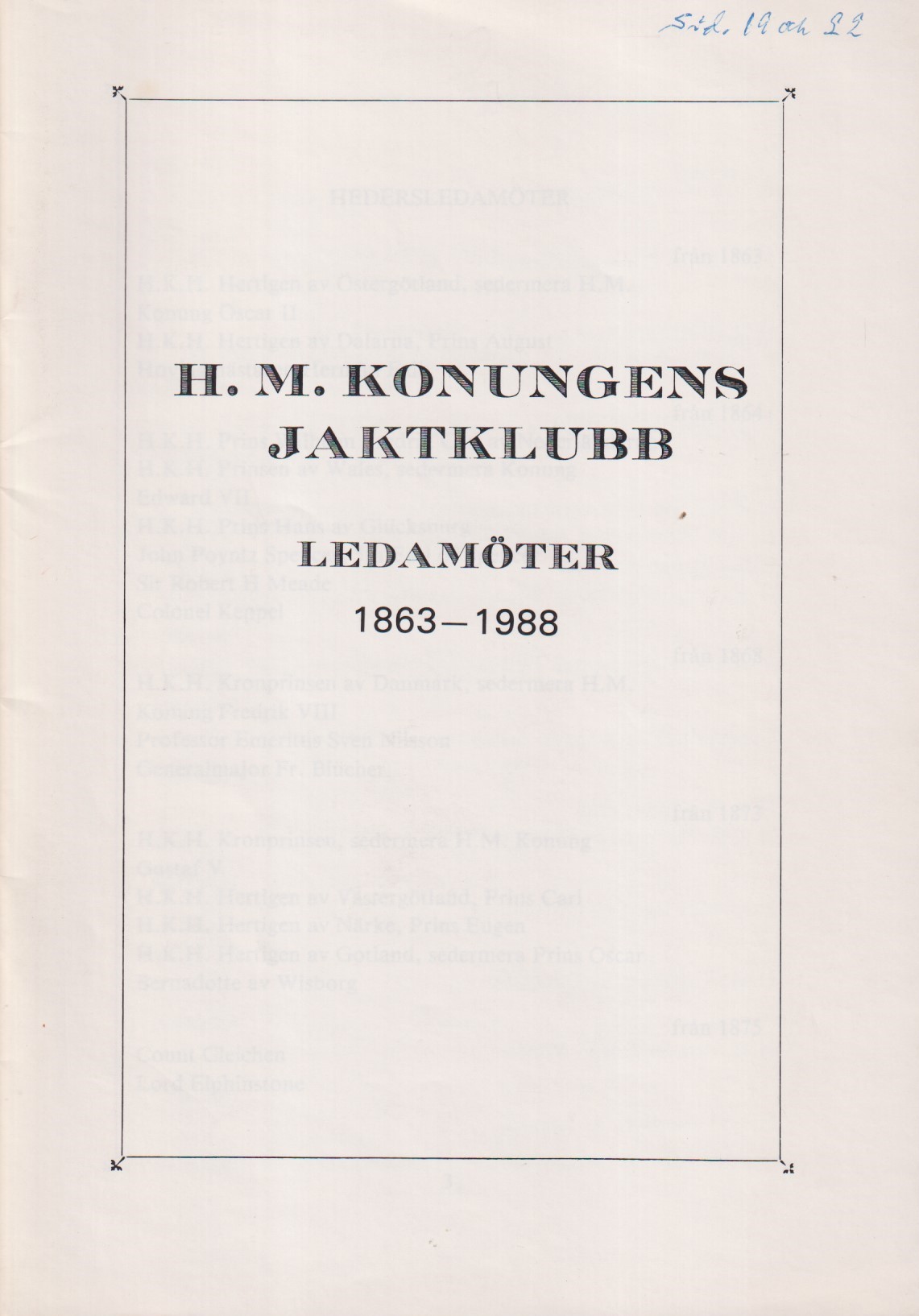 H. M. Konungens jaktklubb. Ledamöter 1863-1988.