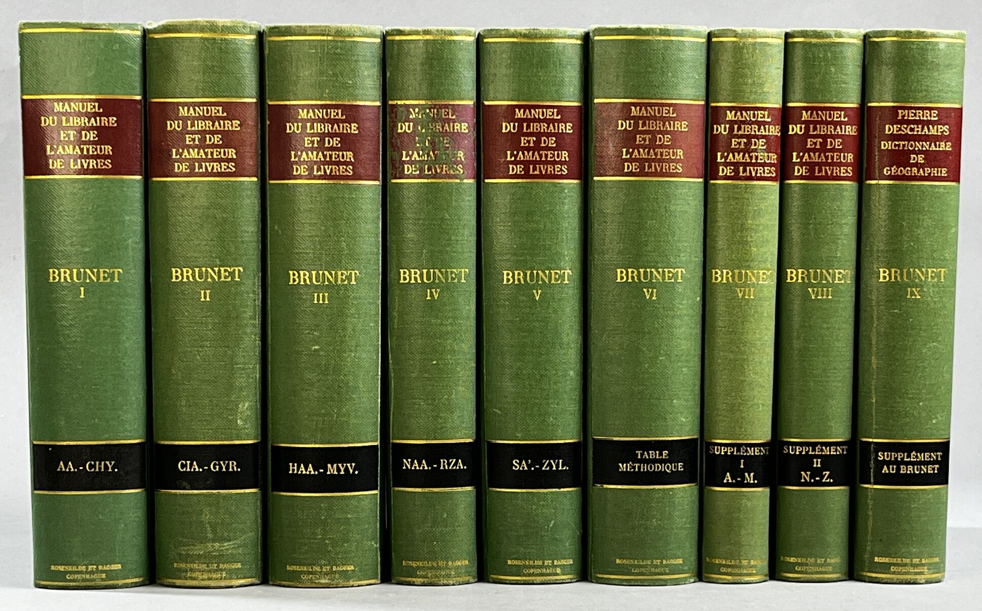 Manuel du libraire et de l’amateur de livres. Tome I. Aa. - Chytræus. [... II. Ciacconius - Gyron; ... III. Haag - Myvyrian; ... IV. Naasefe - Rzaczynski; ... V. Sa’ - Zyl; ... VI. Table méthodique notice des journaux; ... VII. Supplément. Tome I. A-M; ... VIII. Supplément. Tome II. N-Z; ... IX. Dictionnaire de Géographie ancienne et moderne].